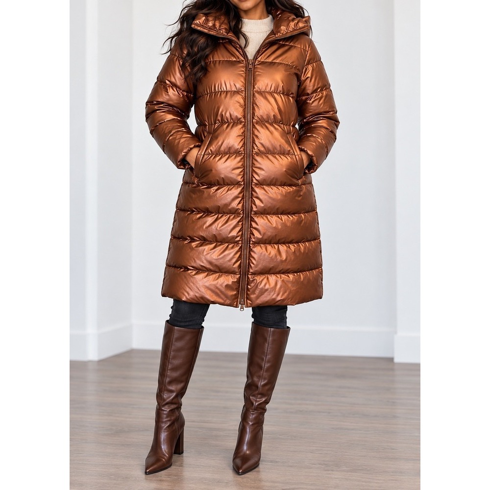 CREATMO Womens Metallic Copper Quilted Puffer Hooded Long Coat Size L Futuristic